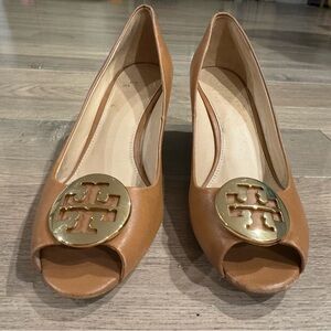 Tory Burch Tan Wedges with Gold Accents